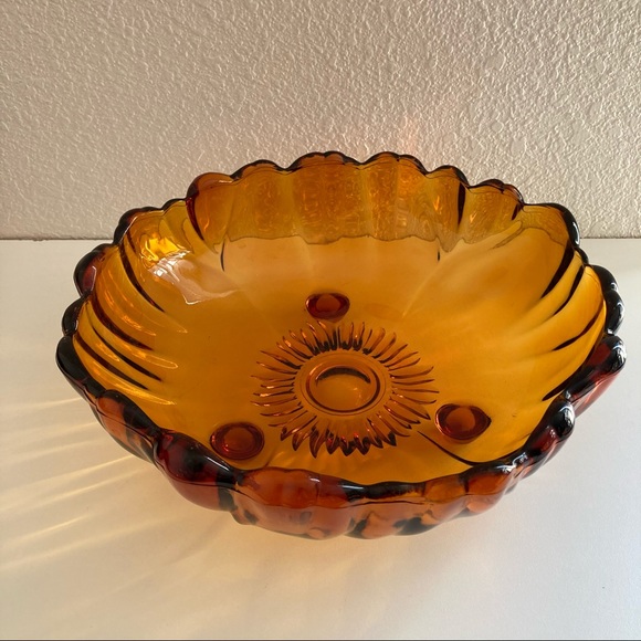 Vintage Amber Glass Flower Shaped Serving Bowl